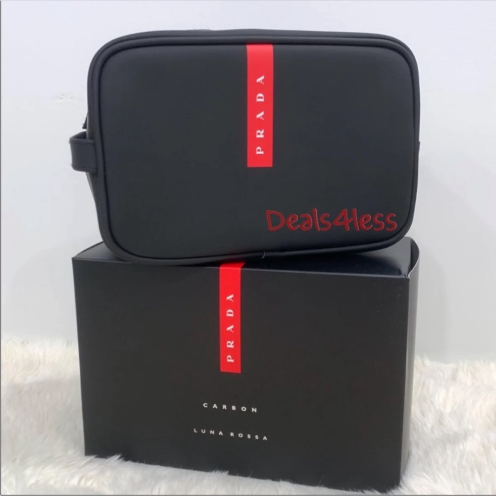 Prada Luna Rossa Black & Red pouch Travel bag Toiletry Dopp Kit Shaving Case - Picture 2 of 6